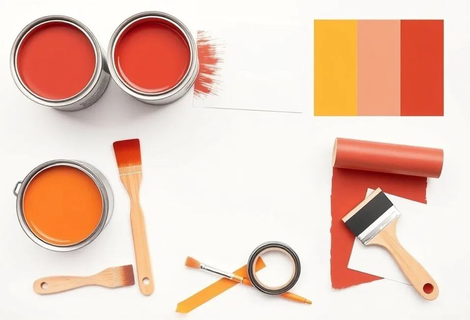 Pots de peinture, nuancier, brosses et rouleaux disposés à plat