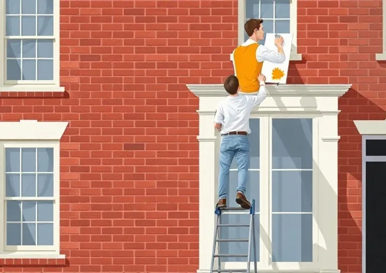 Peintre sur échafaudage traitant la façade d'une maison